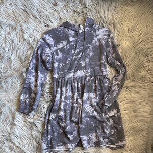 Tie-Dye Long Sleeve Short Hoodie Dress - Gray